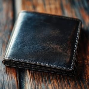 Close-up view of black leather wallet resting on wooden table, ideal for use as flat lay or product photography